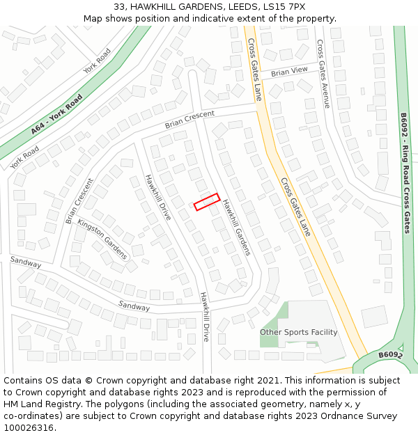 33, HAWKHILL GARDENS, LEEDS, LS15 7PX: Location map and indicative extent of plot