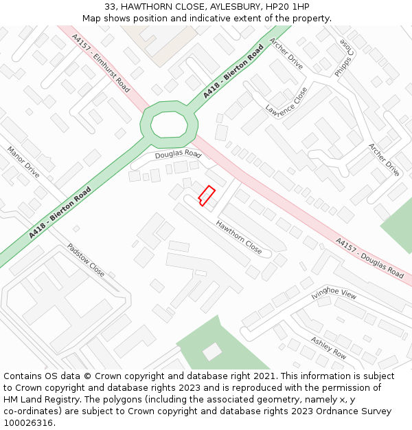 33, HAWTHORN CLOSE, AYLESBURY, HP20 1HP: Location map and indicative extent of plot