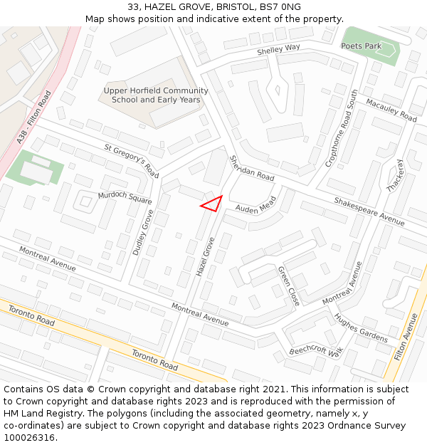 33, HAZEL GROVE, BRISTOL, BS7 0NG: Location map and indicative extent of plot