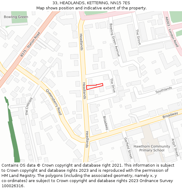 33, HEADLANDS, KETTERING, NN15 7ES: Location map and indicative extent of plot