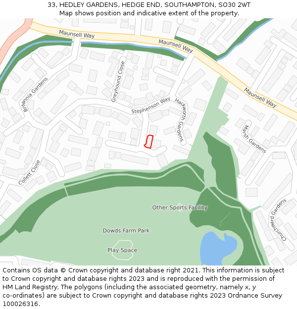 33, HEDLEY GARDENS, HEDGE END, SOUTHAMPTON, SO30 2WT: Location map and indicative extent of plot
