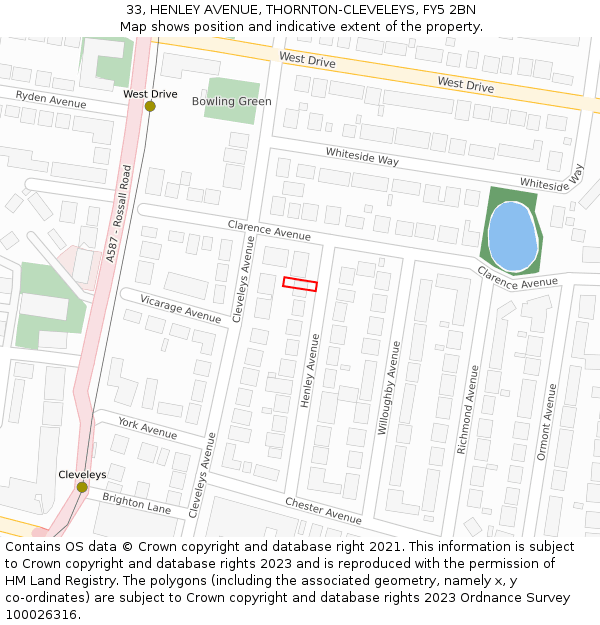 33, HENLEY AVENUE, THORNTON-CLEVELEYS, FY5 2BN: Location map and indicative extent of plot