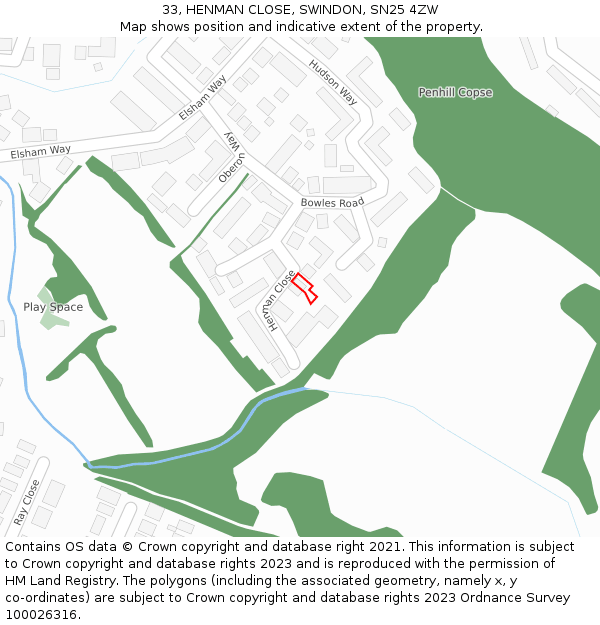 33, HENMAN CLOSE, SWINDON, SN25 4ZW: Location map and indicative extent of plot