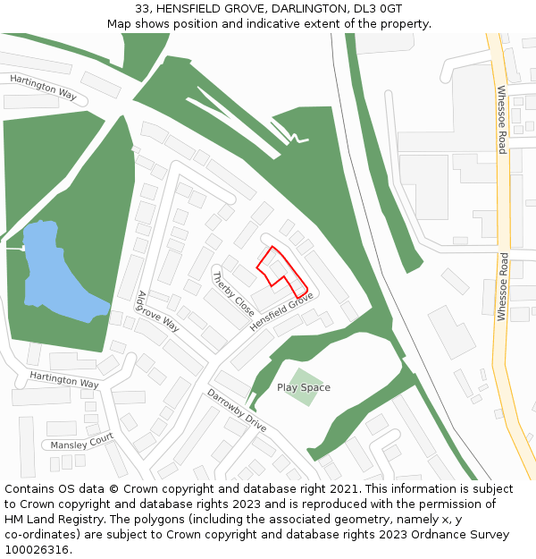 33, HENSFIELD GROVE, DARLINGTON, DL3 0GT: Location map and indicative extent of plot