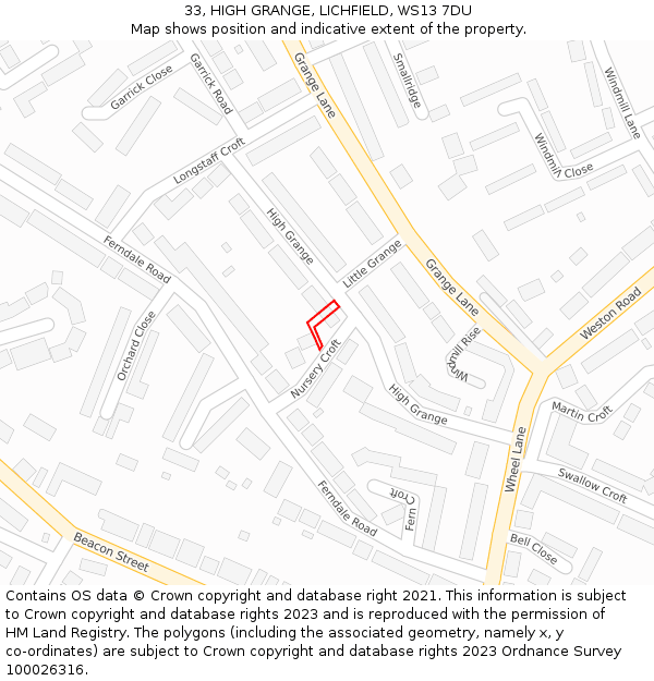 33, HIGH GRANGE, LICHFIELD, WS13 7DU: Location map and indicative extent of plot
