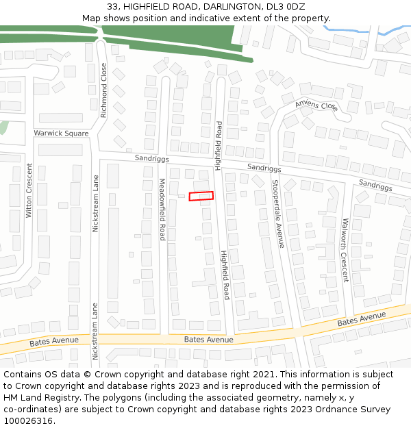 33, HIGHFIELD ROAD, DARLINGTON, DL3 0DZ: Location map and indicative extent of plot
