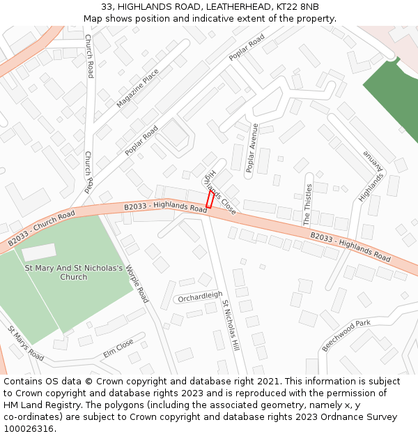 33, HIGHLANDS ROAD, LEATHERHEAD, KT22 8NB: Location map and indicative extent of plot