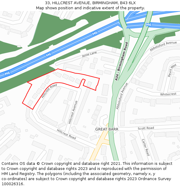 33, HILLCREST AVENUE, BIRMINGHAM, B43 6LX: Location map and indicative extent of plot