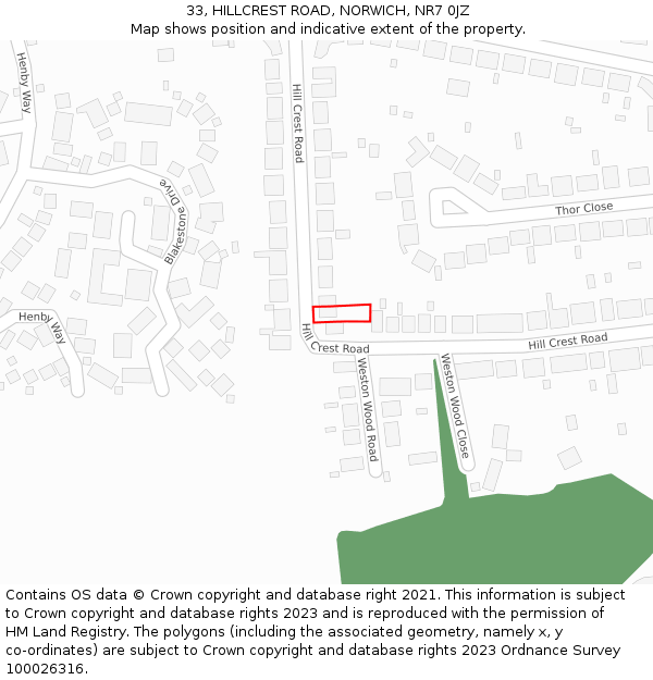 33, HILLCREST ROAD, NORWICH, NR7 0JZ: Location map and indicative extent of plot