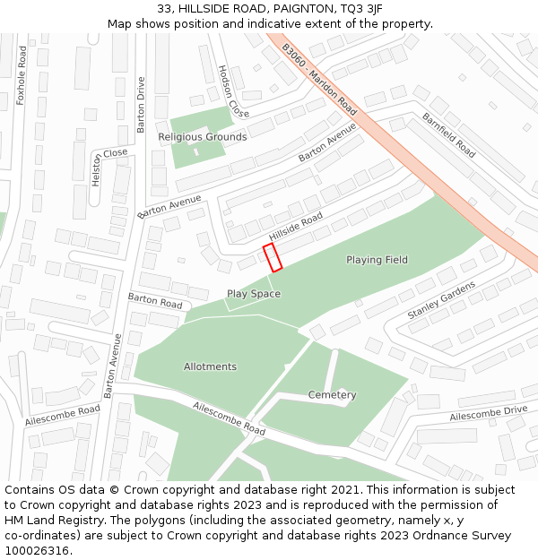 33, HILLSIDE ROAD, PAIGNTON, TQ3 3JF: Location map and indicative extent of plot