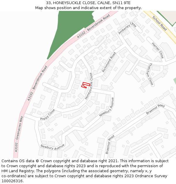 33, HONEYSUCKLE CLOSE, CALNE, SN11 9TE: Location map and indicative extent of plot