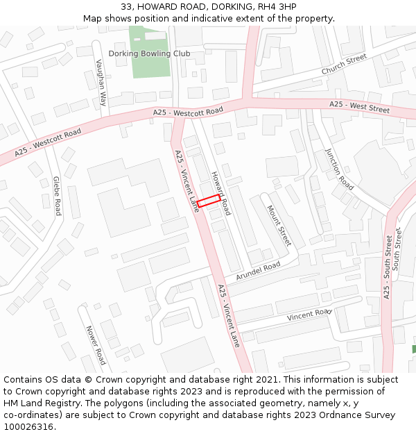 33, HOWARD ROAD, DORKING, RH4 3HP: Location map and indicative extent of plot