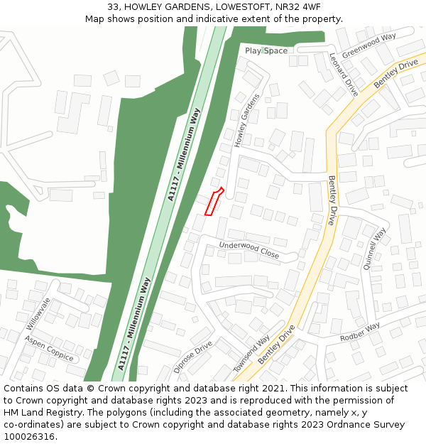 33, HOWLEY GARDENS, LOWESTOFT, NR32 4WF: Location map and indicative extent of plot