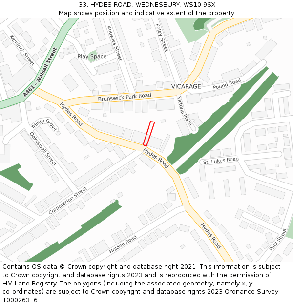 33, HYDES ROAD, WEDNESBURY, WS10 9SX: Location map and indicative extent of plot