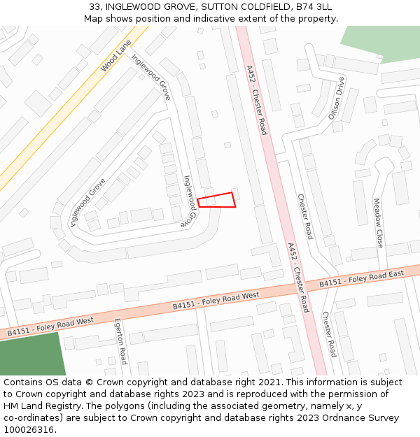 33, INGLEWOOD GROVE, SUTTON COLDFIELD, B74 3LL: Location map and indicative extent of plot