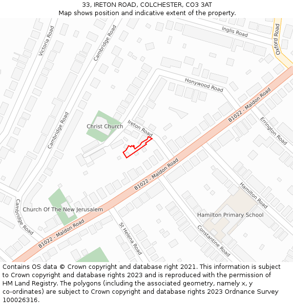 33, IRETON ROAD, COLCHESTER, CO3 3AT: Location map and indicative extent of plot
