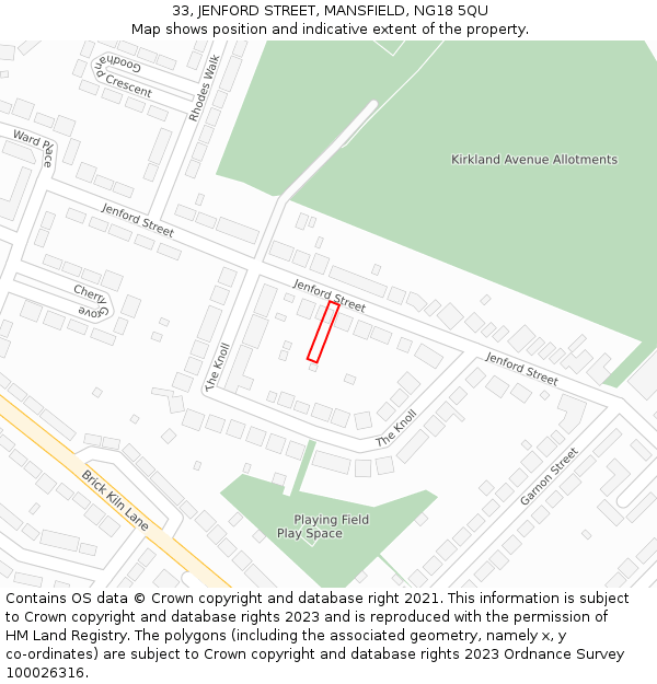 33, JENFORD STREET, MANSFIELD, NG18 5QU: Location map and indicative extent of plot