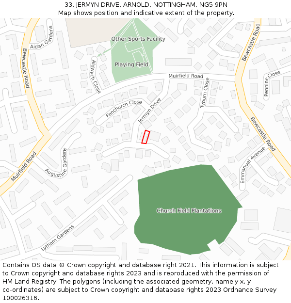 33, JERMYN DRIVE, ARNOLD, NOTTINGHAM, NG5 9PN: Location map and indicative extent of plot