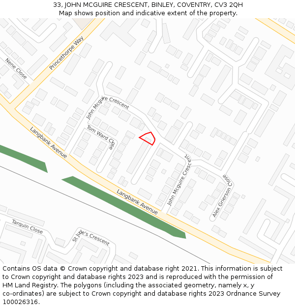 33, JOHN MCGUIRE CRESCENT, BINLEY, COVENTRY, CV3 2QH: Location map and indicative extent of plot