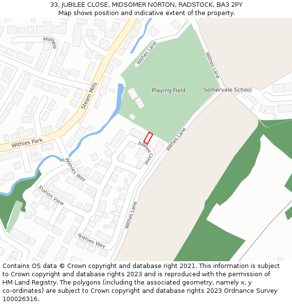 33, JUBILEE CLOSE, MIDSOMER NORTON, RADSTOCK, BA3 2PY: Location map and indicative extent of plot