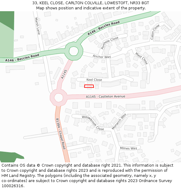 33, KEEL CLOSE, CARLTON COLVILLE, LOWESTOFT, NR33 8GT: Location map and indicative extent of plot