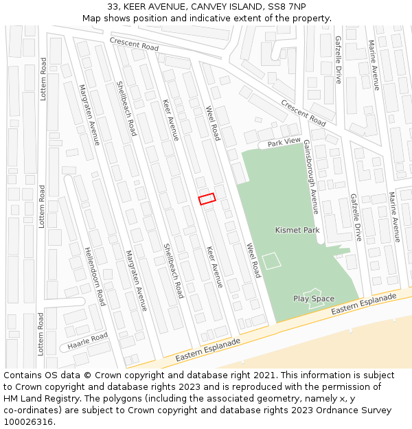 33, KEER AVENUE, CANVEY ISLAND, SS8 7NP: Location map and indicative extent of plot