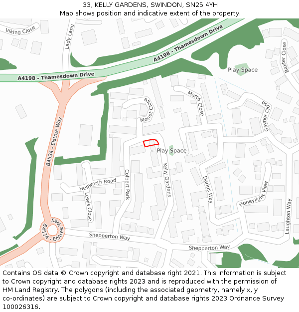 33, KELLY GARDENS, SWINDON, SN25 4YH: Location map and indicative extent of plot