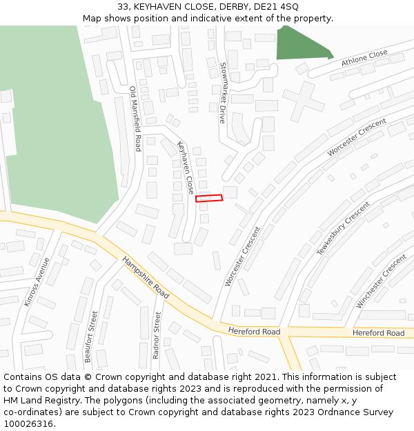 33, KEYHAVEN CLOSE, DERBY, DE21 4SQ: Location map and indicative extent of plot