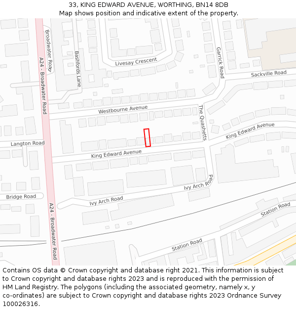 33, KING EDWARD AVENUE, WORTHING, BN14 8DB: Location map and indicative extent of plot