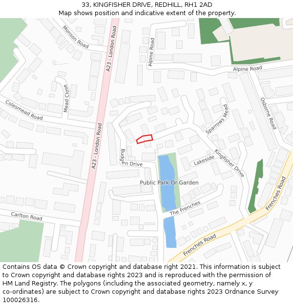 33, KINGFISHER DRIVE, REDHILL, RH1 2AD: Location map and indicative extent of plot