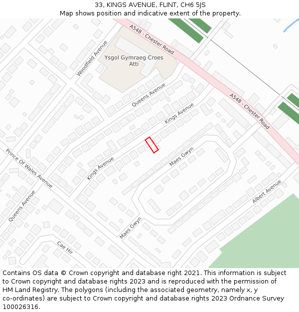 33, KINGS AVENUE, FLINT, CH6 5JS: Location map and indicative extent of plot