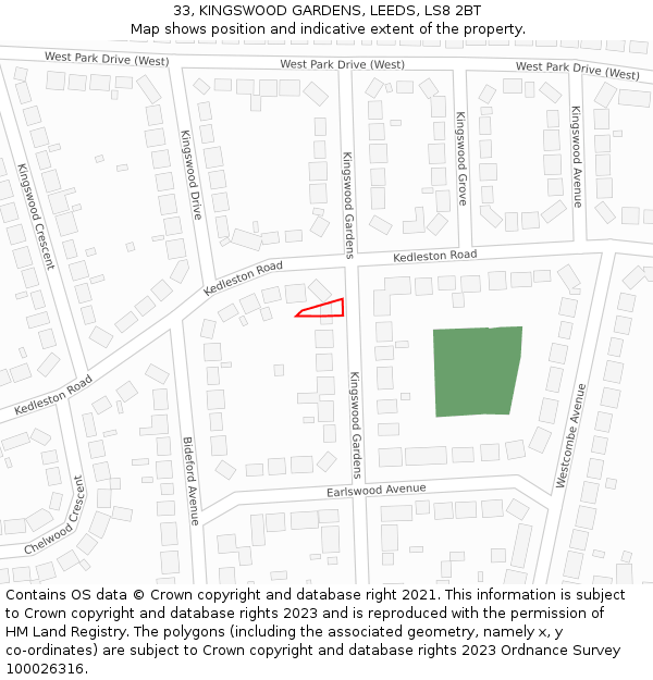 33, KINGSWOOD GARDENS, LEEDS, LS8 2BT: Location map and indicative extent of plot