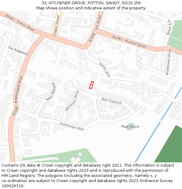 33, KITCHENER GROVE, POTTON, SANDY, SG19 2FA: Location map and indicative extent of plot