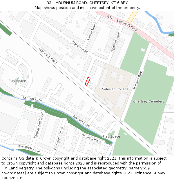 33, LABURNUM ROAD, CHERTSEY, KT16 8BY: Location map and indicative extent of plot