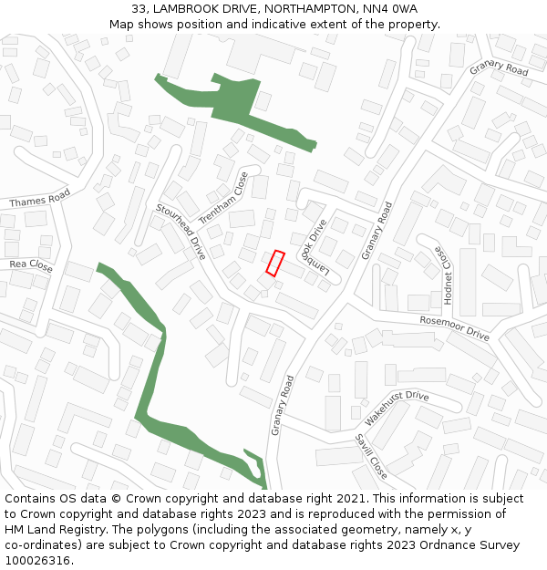 33, LAMBROOK DRIVE, NORTHAMPTON, NN4 0WA: Location map and indicative extent of plot