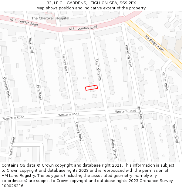 33, LEIGH GARDENS, LEIGH-ON-SEA, SS9 2PX: Location map and indicative extent of plot