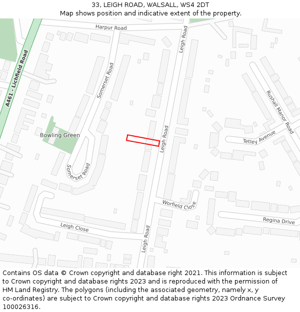 33, LEIGH ROAD, WALSALL, WS4 2DT: Location map and indicative extent of plot