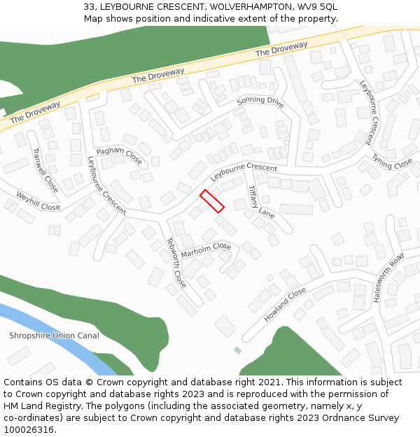 33, LEYBOURNE CRESCENT, WOLVERHAMPTON, WV9 5QL: Location map and indicative extent of plot