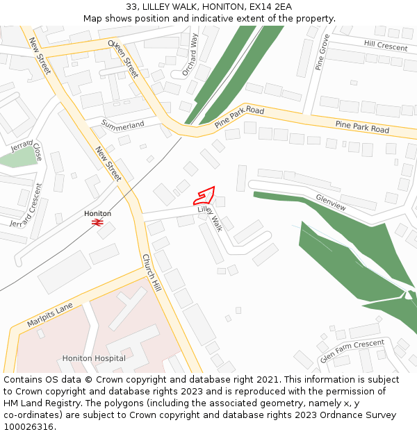 33, LILLEY WALK, HONITON, EX14 2EA: Location map and indicative extent of plot