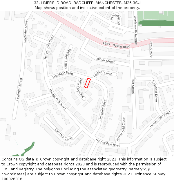 33, LIMEFIELD ROAD, RADCLIFFE, MANCHESTER, M26 3SU: Location map and indicative extent of plot