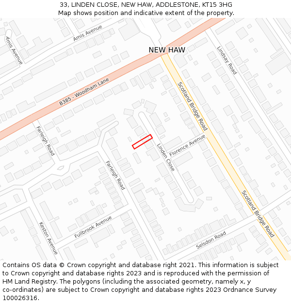 33, LINDEN CLOSE, NEW HAW, ADDLESTONE, KT15 3HG: Location map and indicative extent of plot