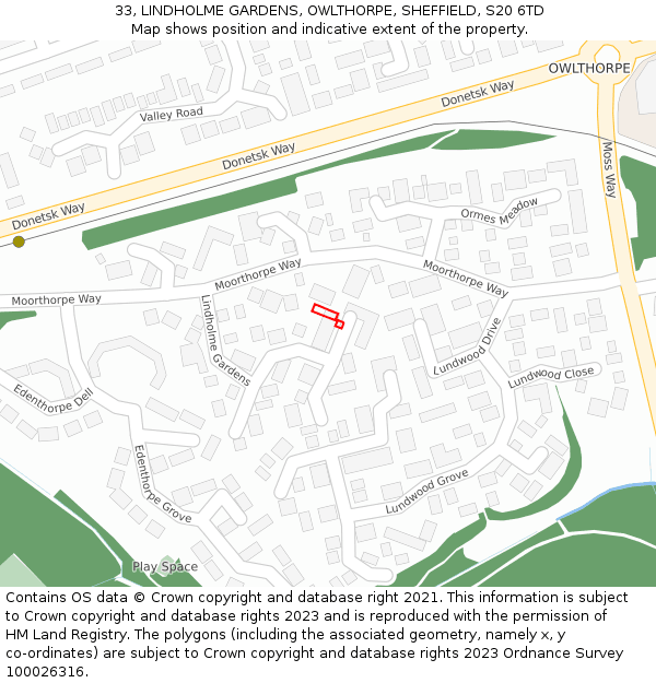 33, LINDHOLME GARDENS, OWLTHORPE, SHEFFIELD, S20 6TD: Location map and indicative extent of plot