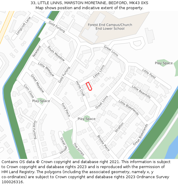33, LITTLE LINNS, MARSTON MORETAINE, BEDFORD, MK43 0XS: Location map and indicative extent of plot