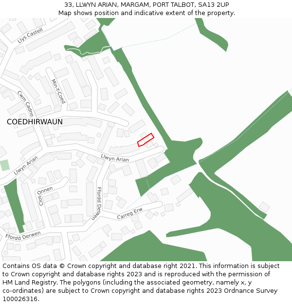 33, LLWYN ARIAN, MARGAM, PORT TALBOT, SA13 2UP: Location map and indicative extent of plot