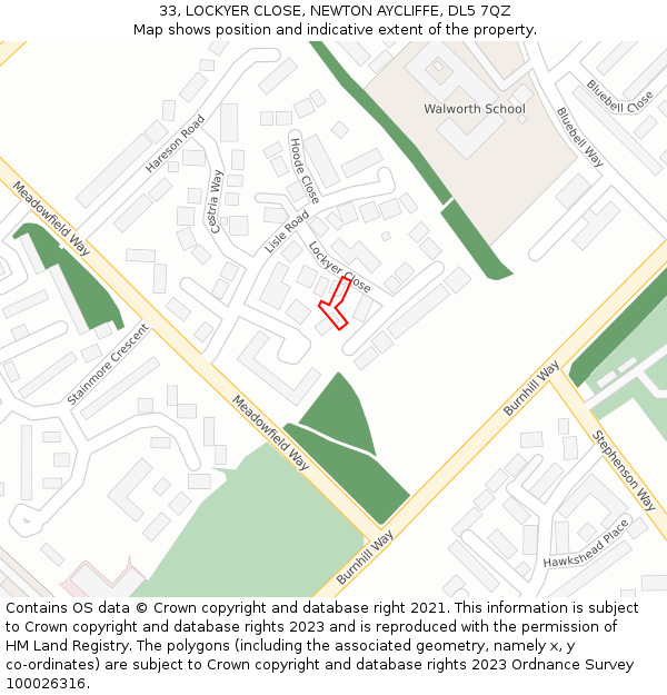 33, LOCKYER CLOSE, NEWTON AYCLIFFE, DL5 7QZ: Location map and indicative extent of plot