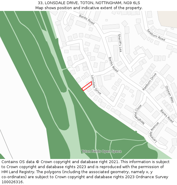 33, LONSDALE DRIVE, TOTON, NOTTINGHAM, NG9 6LS: Location map and indicative extent of plot