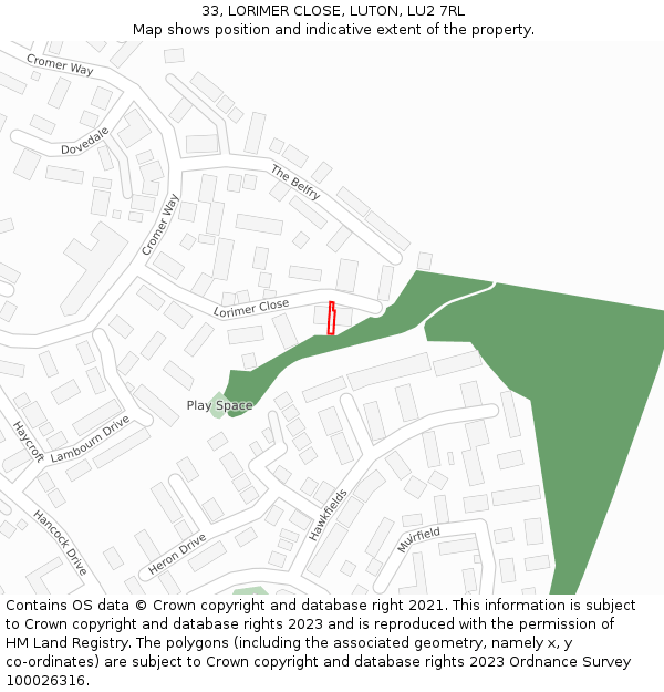33, LORIMER CLOSE, LUTON, LU2 7RL: Location map and indicative extent of plot