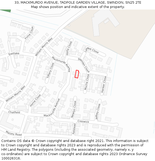 33, MACKMURDO AVENUE, TADPOLE GARDEN VILLAGE, SWINDON, SN25 2TE: Location map and indicative extent of plot