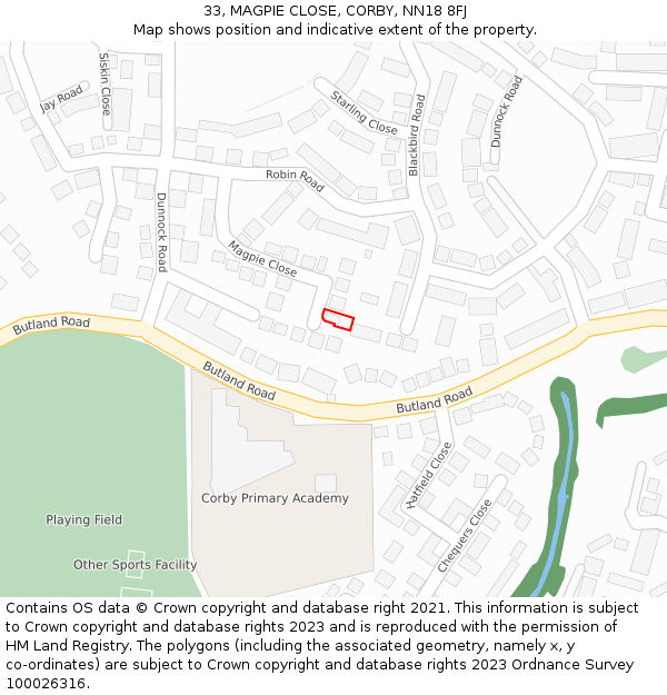 33, MAGPIE CLOSE, CORBY, NN18 8FJ: Location map and indicative extent of plot