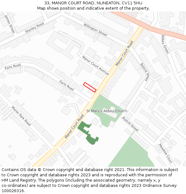 33, MANOR COURT ROAD, NUNEATON, CV11 5HU: Location map and indicative extent of plot